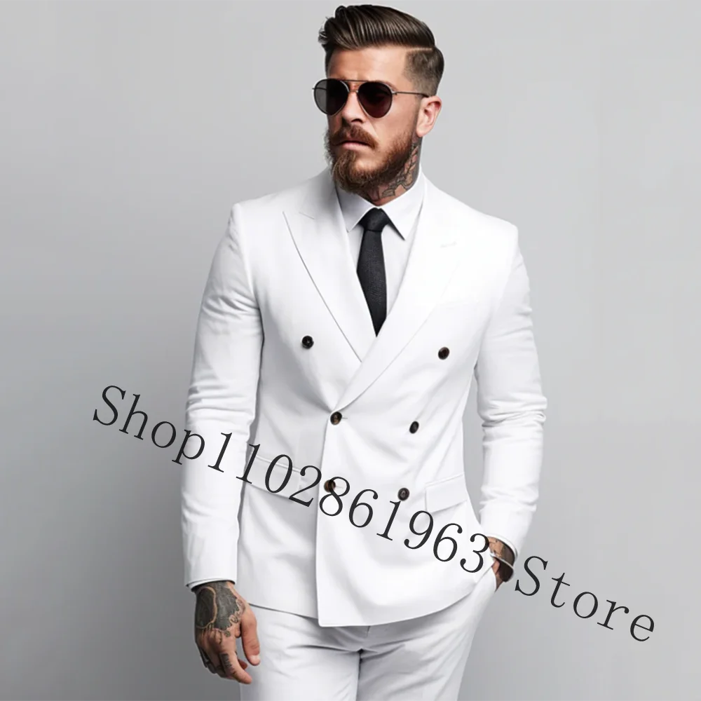 Elegant White Wedding Suits For Men 2 Pieces Suits Blazer Pants Slim Fit Groomsmen Male Suit Groom Wear Tuxedos Trajes De Hombre