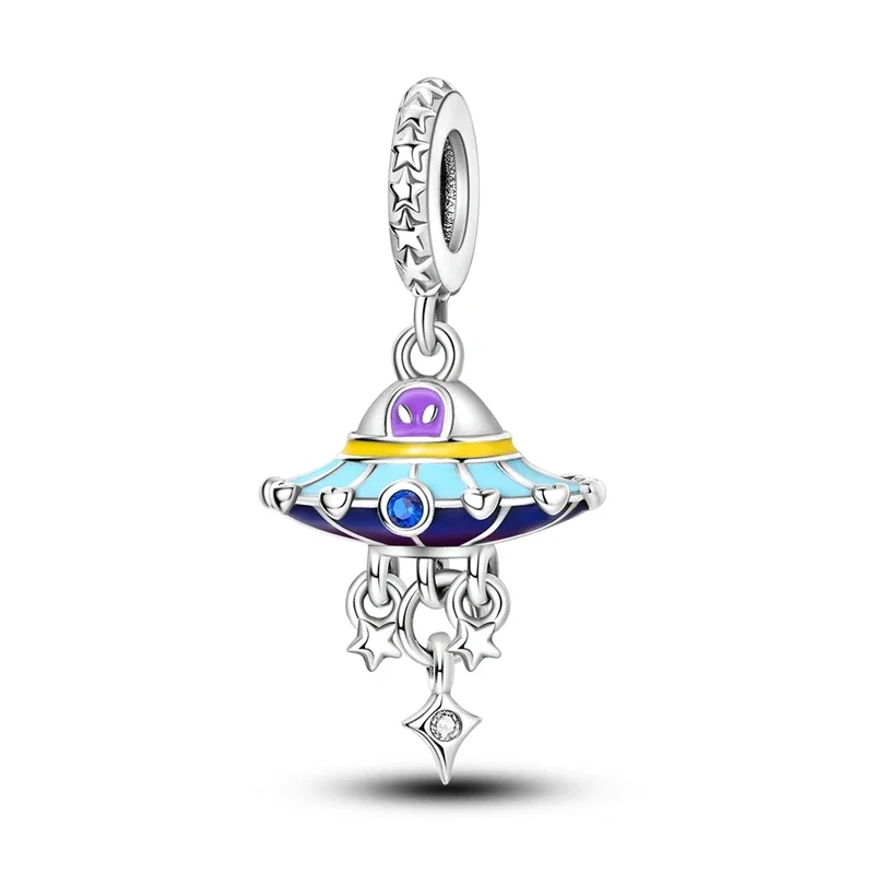 Cool 925 Sterling Silver Purple Alien Blue Spaceship Star Charm Fit Pandora Bracelet Women's Travel Jewelry Accessories