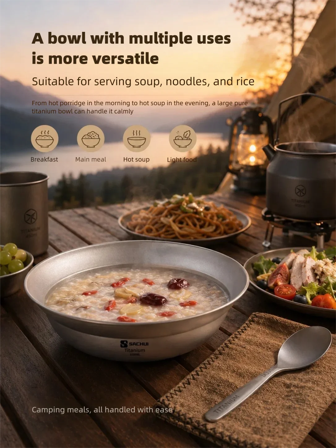 Reines Titan Camping-Geschirr: Große Schüssel, Teller, Besteck für Outdoor, Wandern, Reisen – Ultraleichte, tragbare Salatschalen und Lamian-Tischware – Detail 9