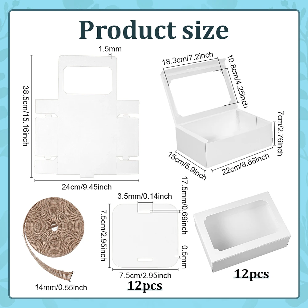 12 Sets White Gift Box Cookie with Window Sweet Box Foldable Gift Giving Boxes with Jute Rope for Christmas Party Favor