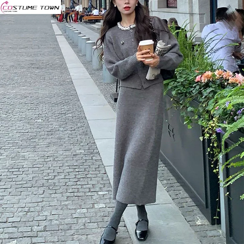 Temperament small fragrant style sweater two-piece set autumn and winter new item nail bead high waist skirt slim knit set