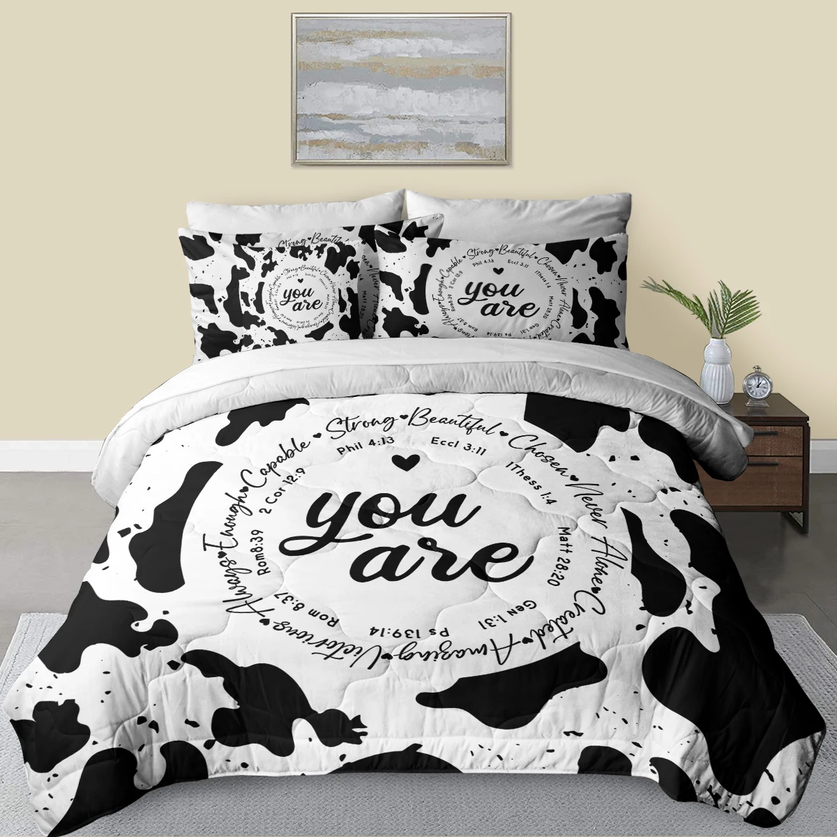 8 Piece Black and White Cow Pattern Printed Comforter Set with White Flat Sheet Home Decor Suitable for All Seasons