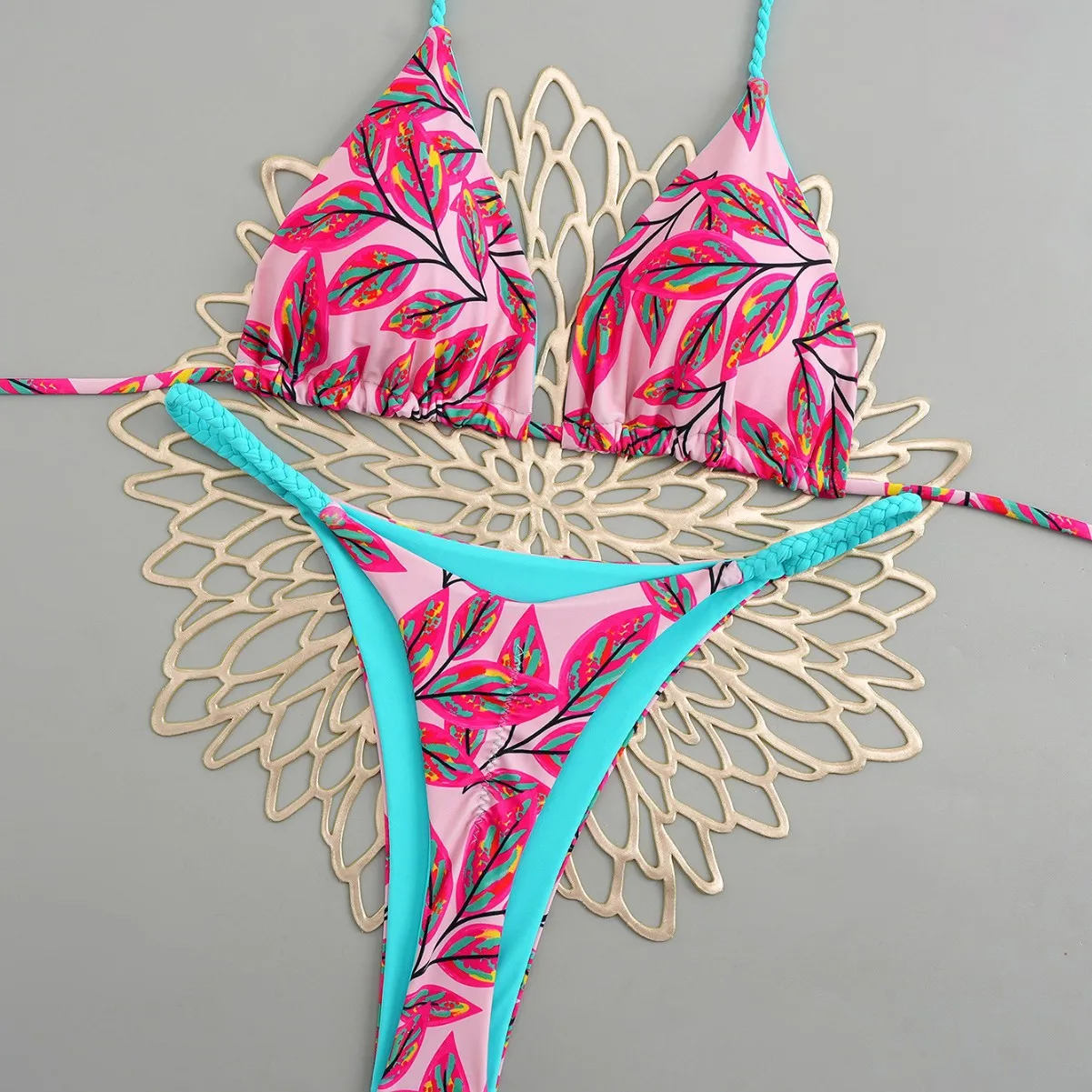 

Сексуальный розовый леопардовый бикини с пуш-ап, бразильские бикини, женский треугольный купальник, стринги, купальник, лоскутный пляжный купальный костюм