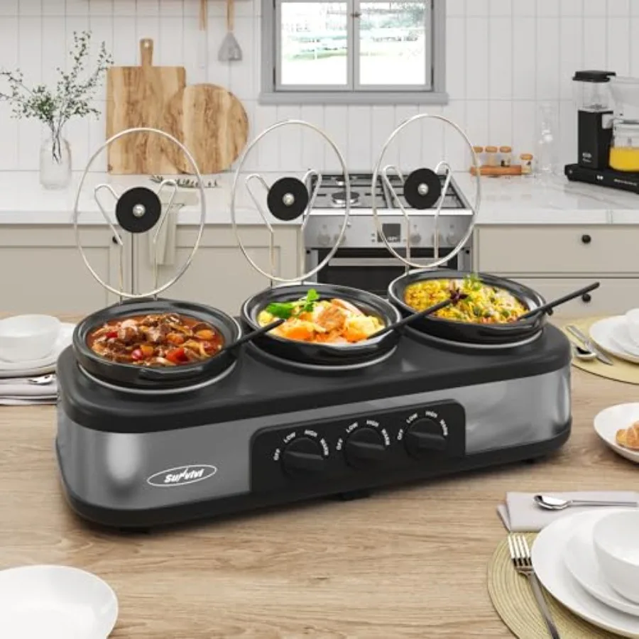 

Triple Slow Cooker Buffet Server and Warmer with 3 Removable Ceramic Pots 3 Adjustable Temp Settings and 3 Metal Lid Rests Stai