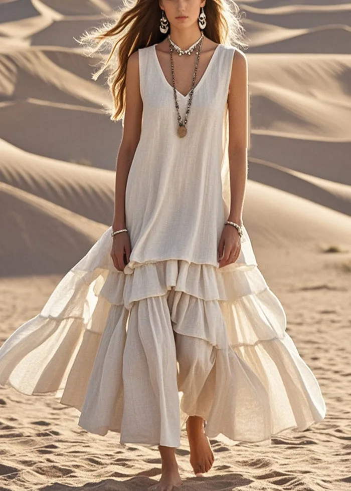 Summer Sleeveless Tank Boho Beach Dress Retro Solid Cotton Linen Pleated Long Dress Woman Spring Fashion V Neck Loose Maxi Dress
