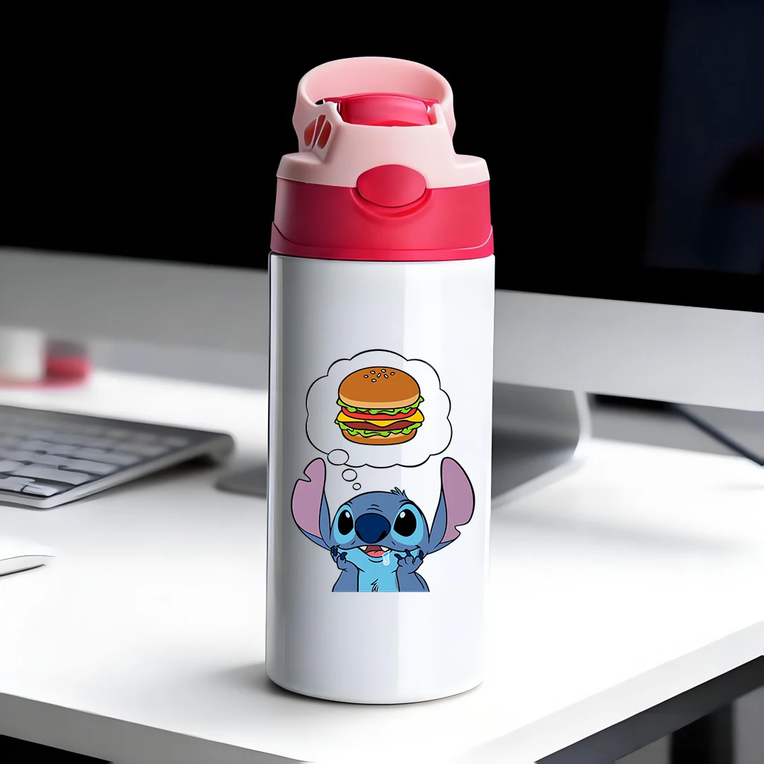 

Disney Thermos with cartoon Stich hamburger design 304 stainless steel cartoon straw cup children's water bottle New Year's gift