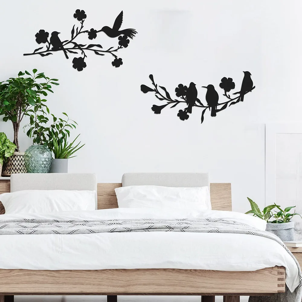 Birds on Branch Metal Wall Art Decor Vintage Simplicity Black Silhouette Hanging Sign Garden Office Living Room Decoration