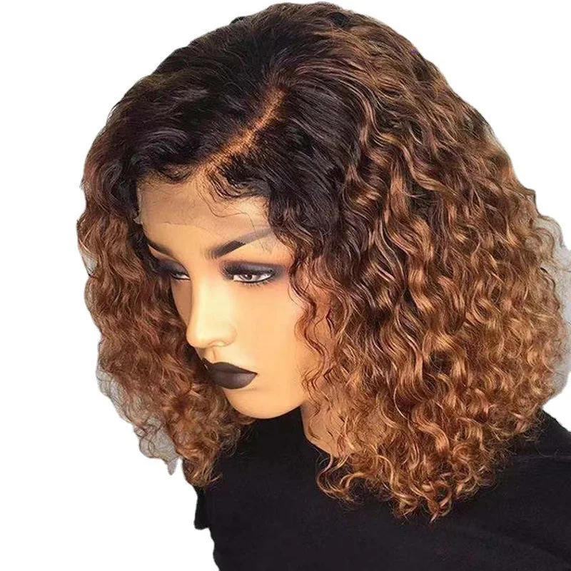 

European and American Women's Front Lace Synthetic Wig - Black Middle Part Short Fine Tube Curly Hair