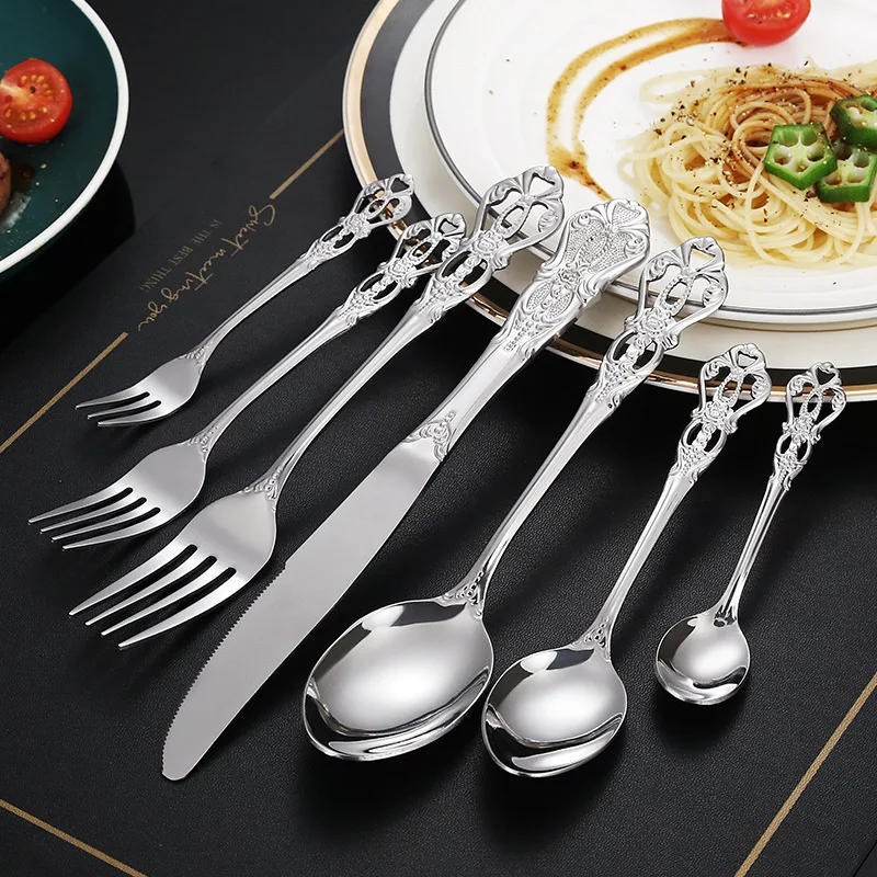 Stainless steel tableware set with European relief knives, forks, spoons, and Western tableware