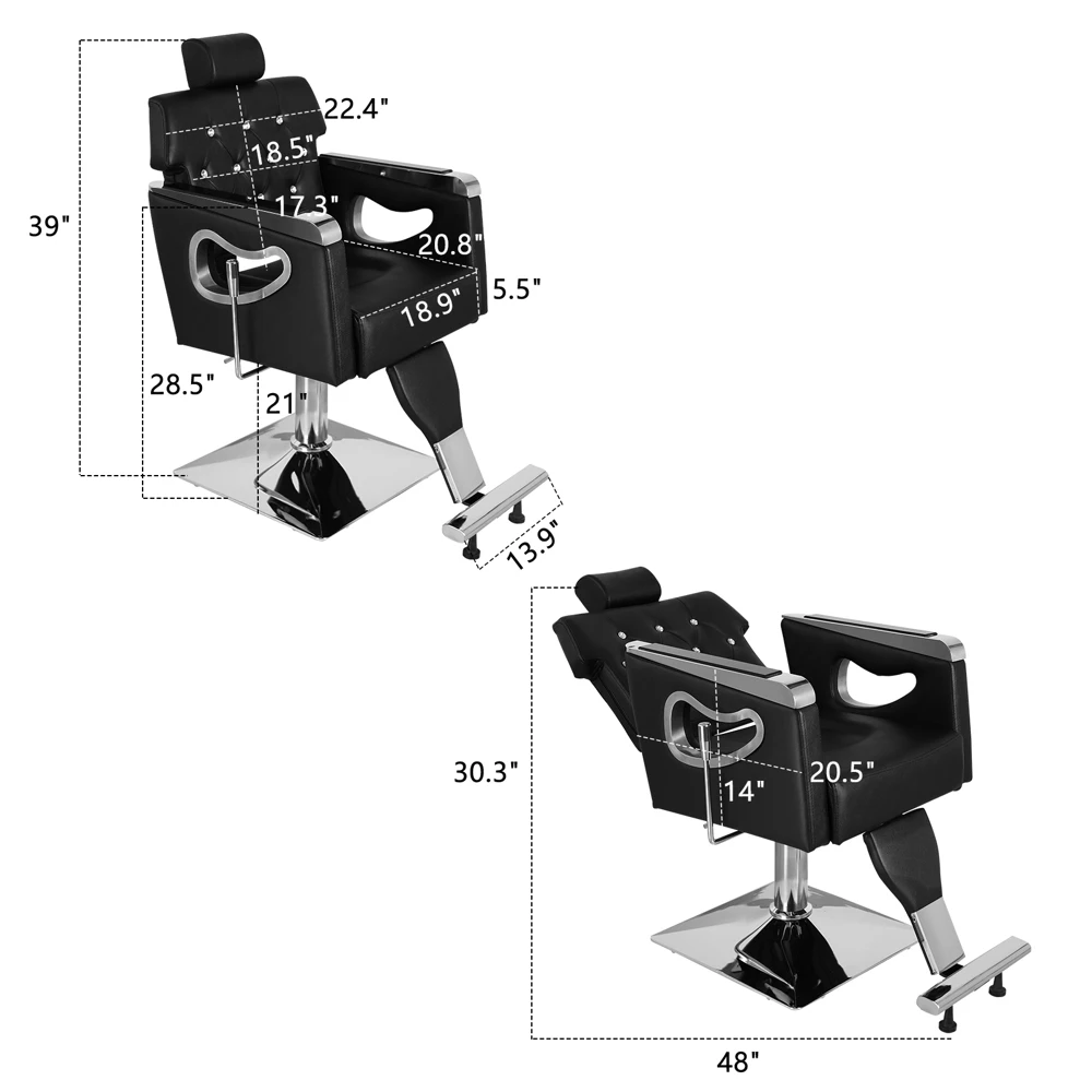 Cubierta de cuero de PVC con incrustaciones de diamantes galvanizados, bandeja cuadrada con reposapiés, silla de barbero retráctil, 300.00Lbs, color negro, disponible en EE. UU.