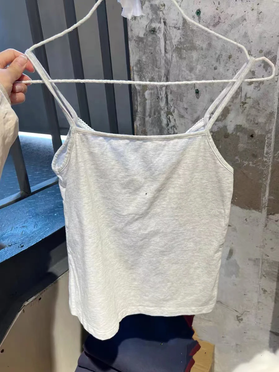 Gray Lace Trim Slim Crop Top Women Sweet Sleeveless Buttons Soft Cotton Vest Female Summer Cute Preppy Style Y2k Tank Tops