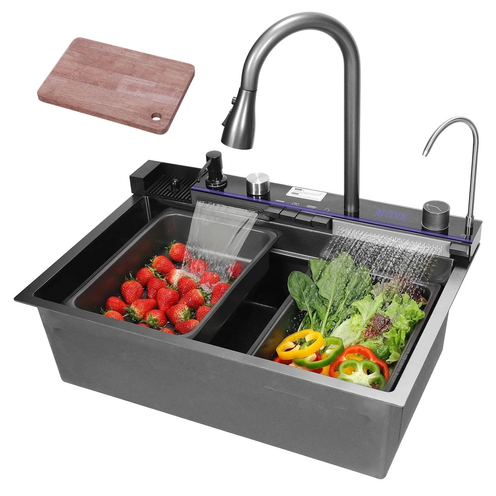 

Flying Rain Waterfall Sink Digital Display 304 Stainless Steel Workstation Bowl with Pull-Out Swivel Faucet 5 Water Outlet Modes