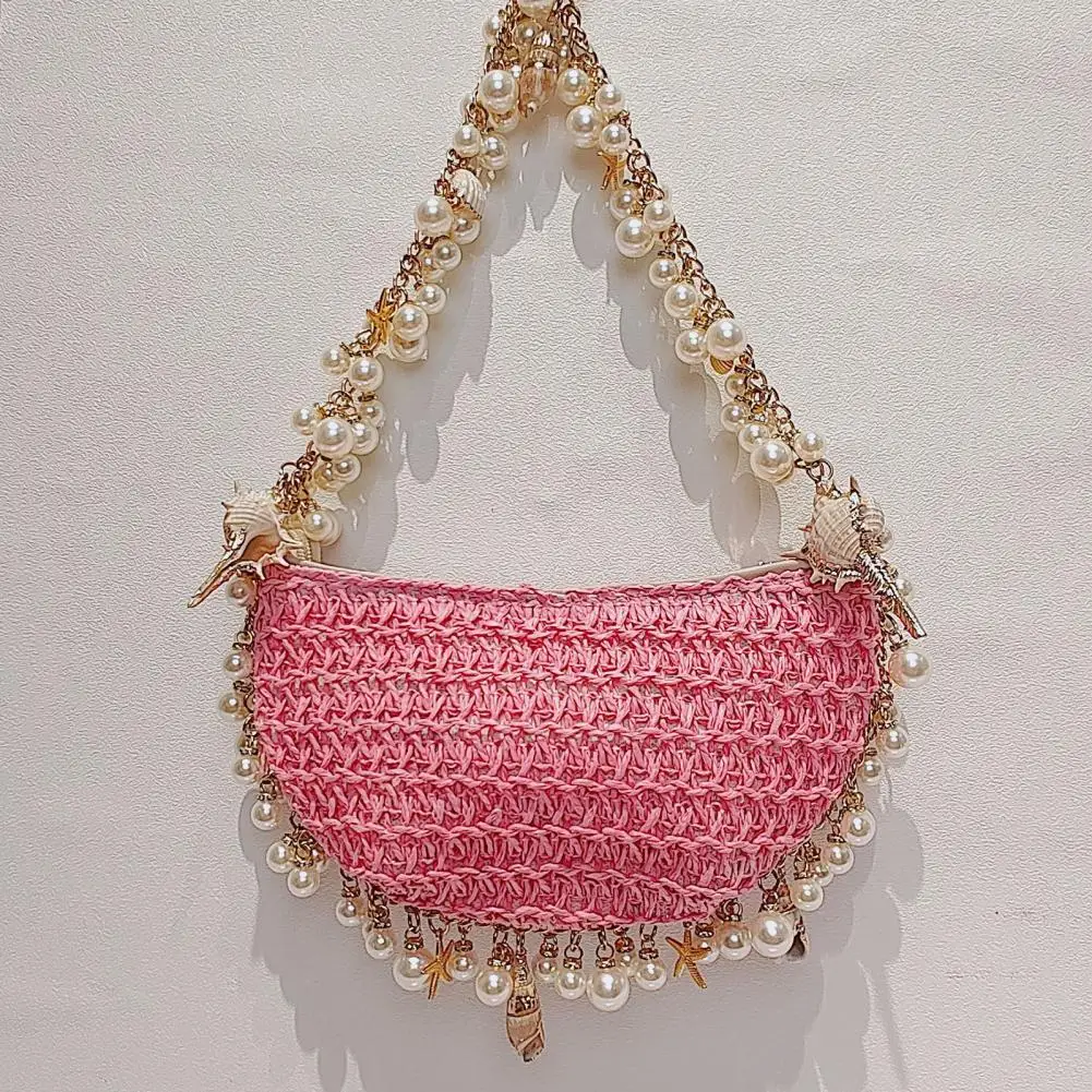 

Lightweight Summer Bag Elegant Shell Fishstar Decor Straw Clutch with Chain Straps Women's Summer Beach Purse for Weddings