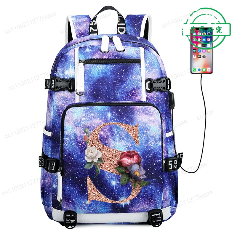 

Rose Gold Letter A~Z Cartoon Students Backpack Teenager SchoolBag 15.6 Inch Laptop Backpack Female Male Back To School Bagpack