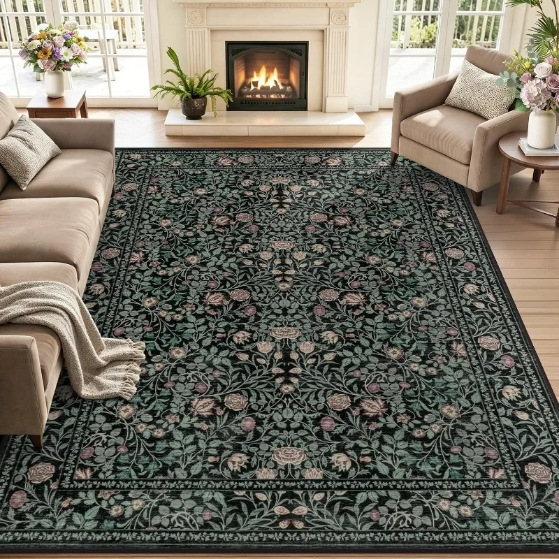 Stylish Vintage William Morris Floral Large Rug American Mid-century Bedroom Beside Carpet Non-Slip Machine Washable Floor Mat