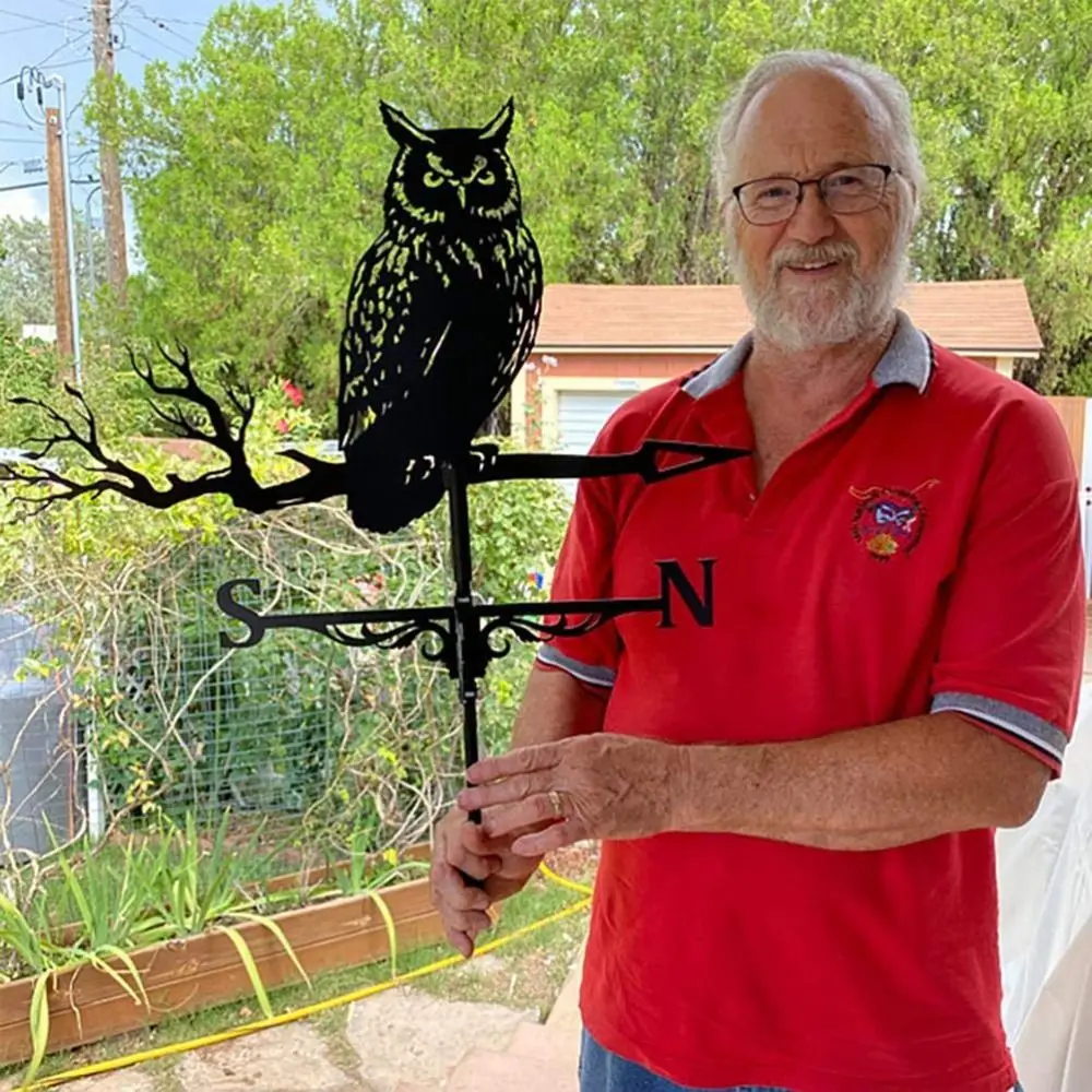 E2 Creativity Owl Weather Vane Metal Roof Yard Garden Decorations Wind Vane Black Outdoor Crafts Weathercock Garden Accessories