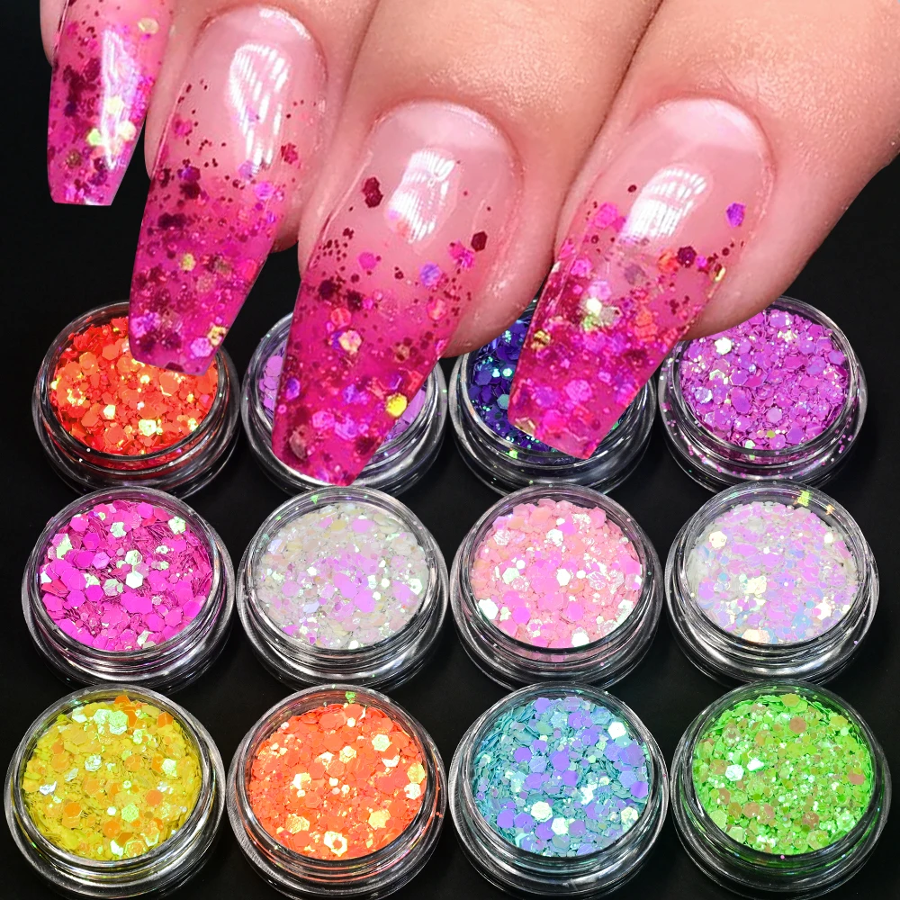 12 vasetti olografici glitter per unghie paillettes iridescente macaron esagono fetta scaglie per smalto gel glitter per unghie accessori per manicure