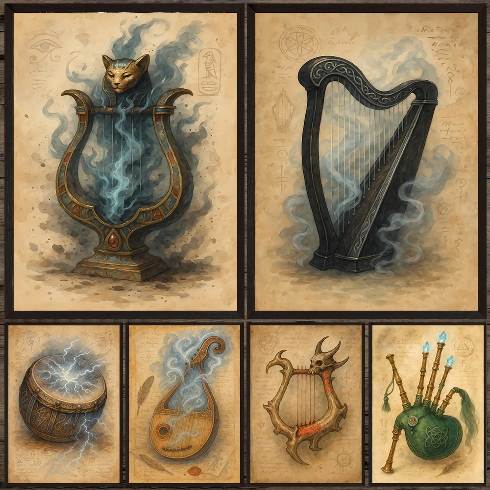 Thunder Drums And Magic Harp Vintage Wall Art Canvas Painting,Mystical Witchcraft Magic Musical Instrument Abstract Art Poster
