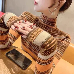 Women's Clothing Vintage Fashion Half High Collar Slim Sweaters Autumn Winter Elegant Chic Striped Knit Pullovers All-match Tops
