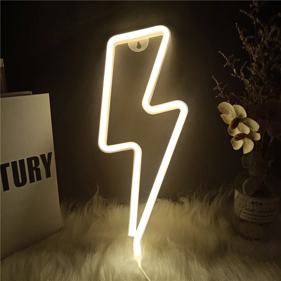 Creative LED Neon Sign Lightning Shaped Wall Light USB/Battery Fairy Night Light for Home Bedroom Party Christmas Decor Kid Gift