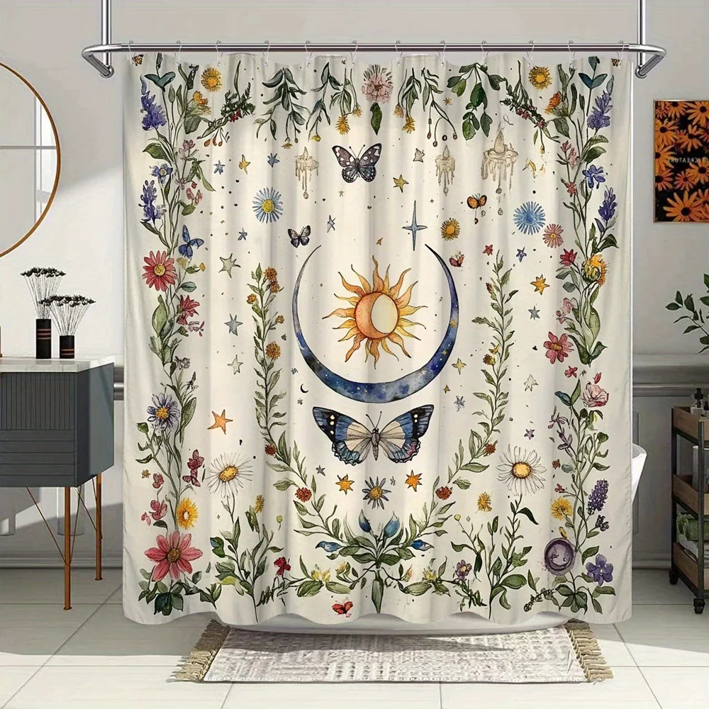 ボヘミアン風の花柄シャワーカーテン-蝶や野花をあしらった太陽と月のデザイン、ボヘミアンスタイルのバスルームの装飾に最適