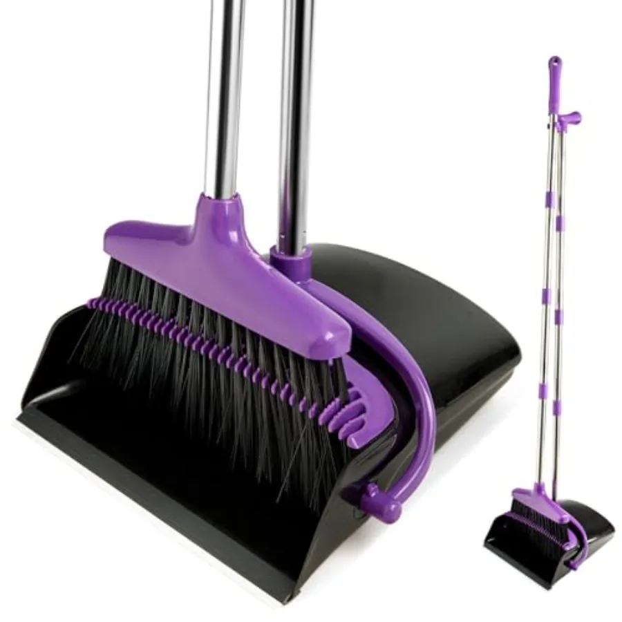 

Broom and Dustpan Set with Long Handle Light Weight Stainless Steel Poles Stand Upright Dustpans with Broom Combo for Home Kitc