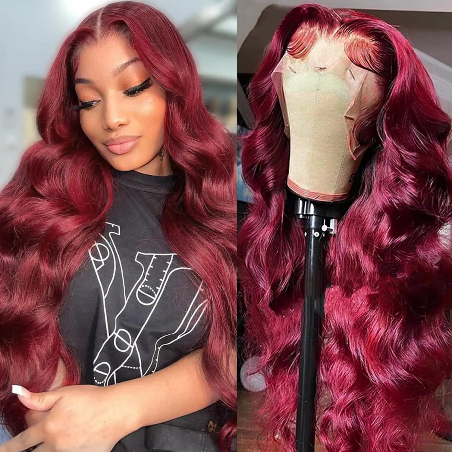 Perucas dianteiras do laço transparente, onda do corpo, Borgonha, cabelo humano, pré arrancado, cabelo do bebê, vermelho, 99j, 13x4