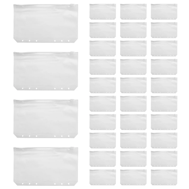 34 PCS Binder Pockets A6 Size 6 Holes Zipper Binder Pouch Folders Clear Waterproof PVC Loose Leaf Bags For 6 Ring Binder