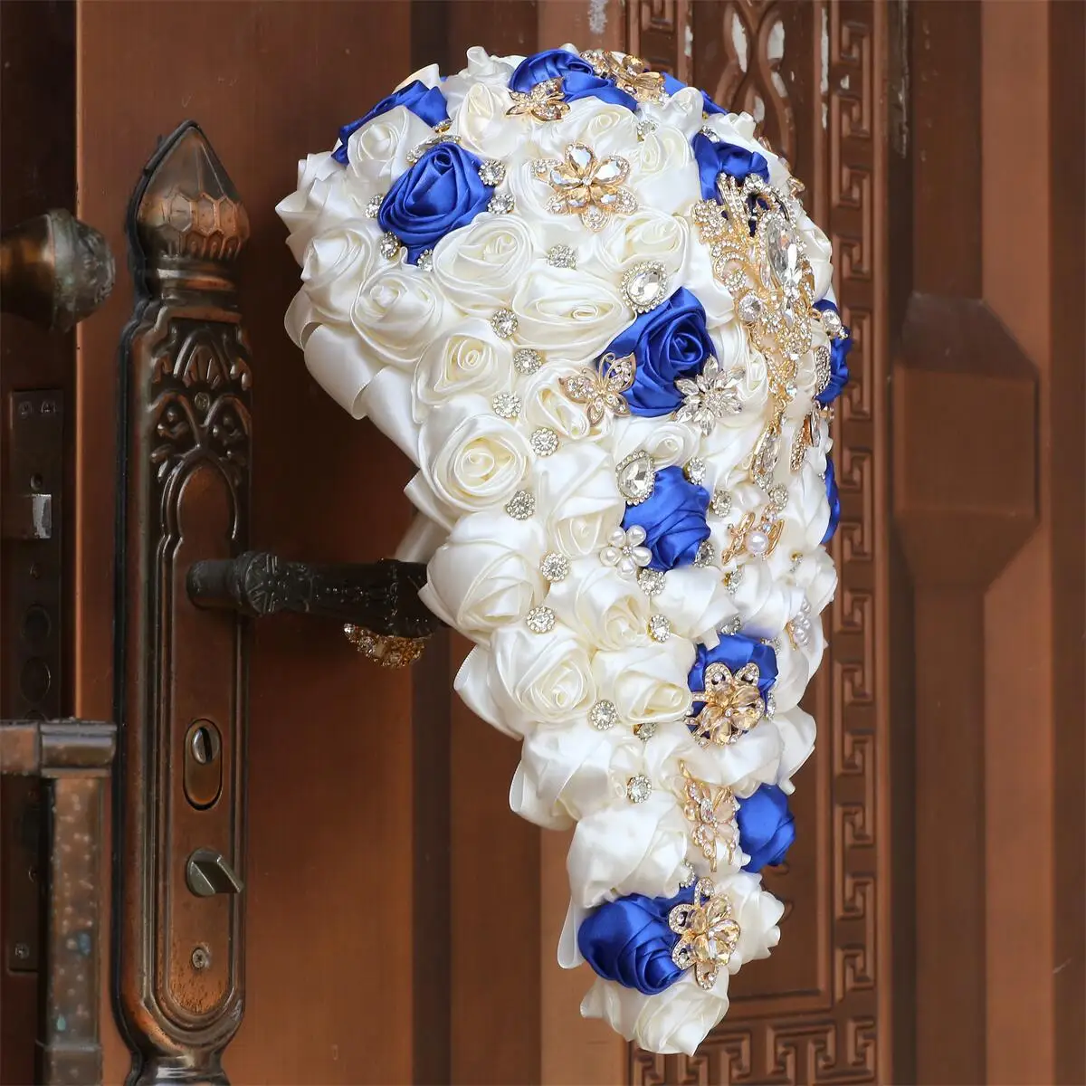 JaneVini New Royal Blue White Satin Roses Waterfall Bridal Bouquets Luxury Crystals Cascading Bouquet Flower Wedding Accessories