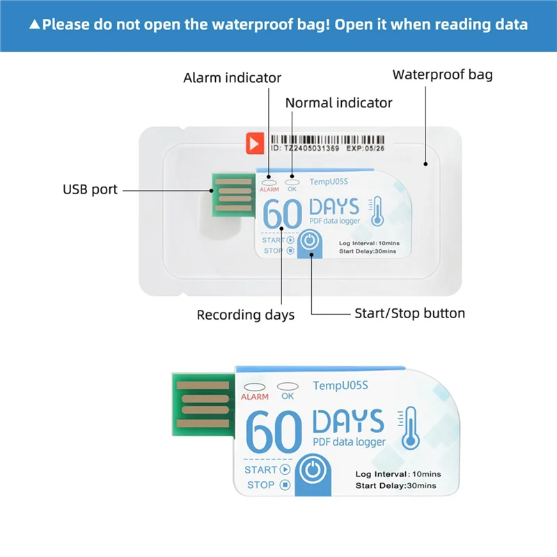 

5 шт. Tempu05s USB-регистратор данных о температуре, 60 дней, анализатор температуры для одного использования, PDF-отчет, USB-регистратор температуры-BTFL