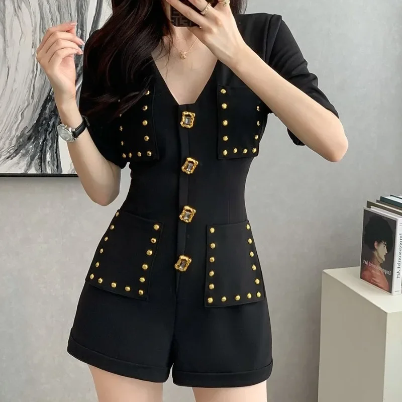 NMZM black V-neck short sleeved jumpsuit women's 2024 summer new slim fit shorts high waist loose wide leg shorts