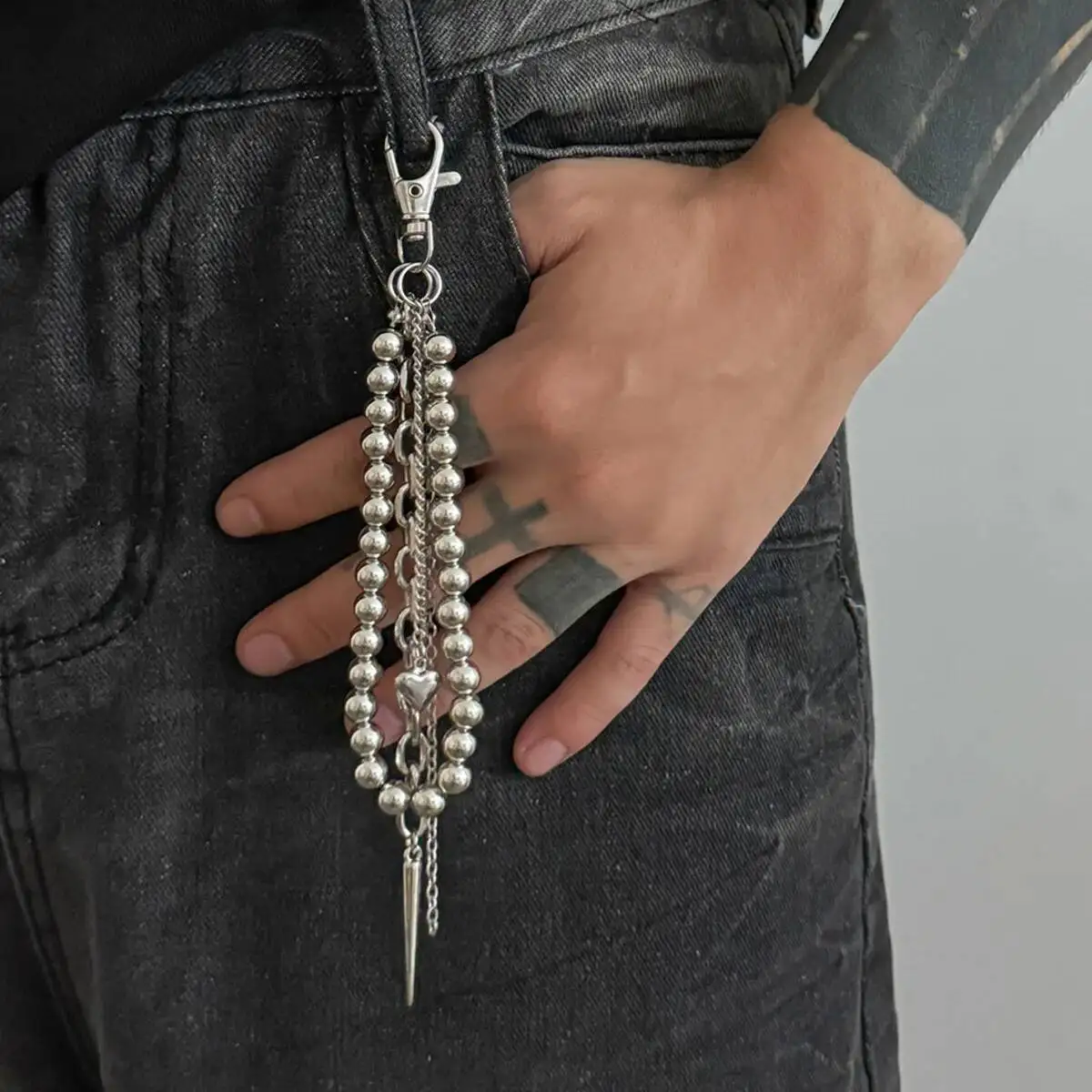 KunJoe Mode Perle Kette Schlüssel Kette Für Männer Frauen Punk Geometrische Herz Anhänger Schlüsselbund Tasche Rucksack Schlüsselring Hip Hop Schmuck