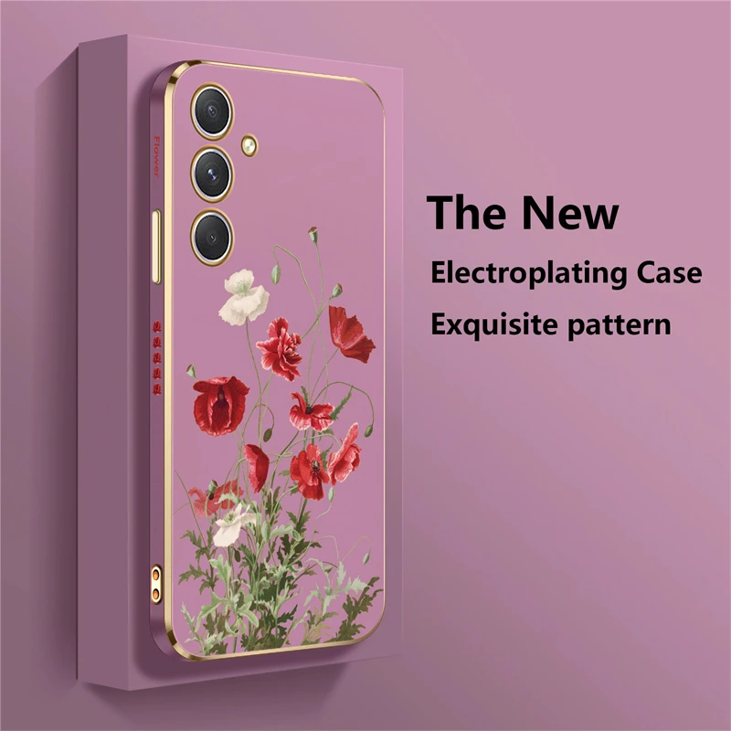 A54 Plating Phone Case For Samsung Galaxy A55 A35 A15 A25 A05S A24 Flower Shockproof Soft Back Cover Funda