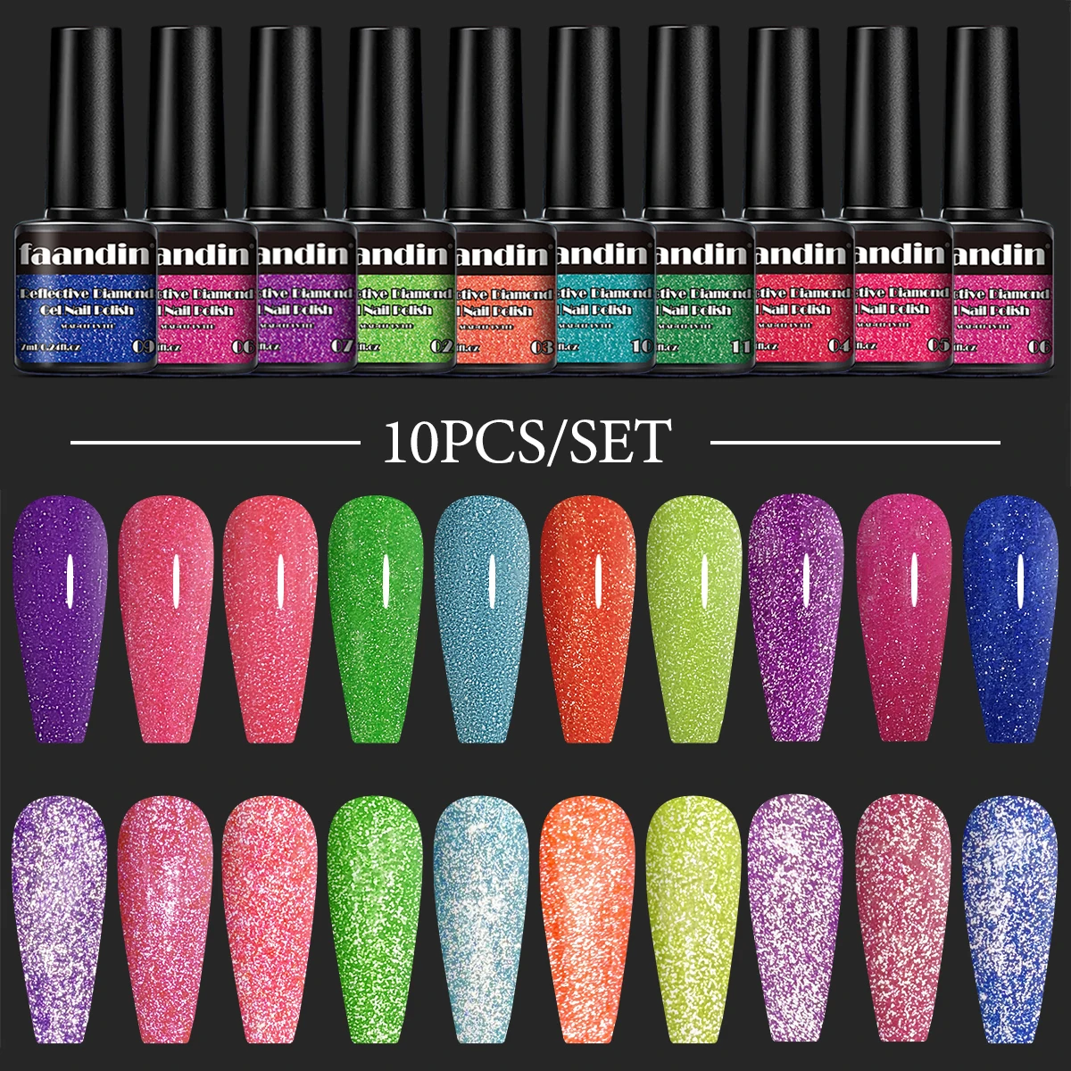 

Faandin 10 шт./компл. 7 мл*10 бутылок комбинированный пакет, тонкий блестящий алмазный гель-лак для ногтей, более толстый нанесение для лучших результатов, сияет ярко под светом, очень модный и популярный гель-лак для ногтей, полноцветный, прочный и долго