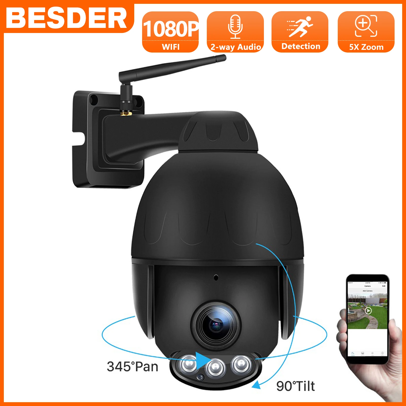 

BESDER 2MP Wireless IP Camera 1080P SD Card 128G 5X Optical Zoom wifi IR Camera PTZ Camera Outdoor Waterproof IP camara