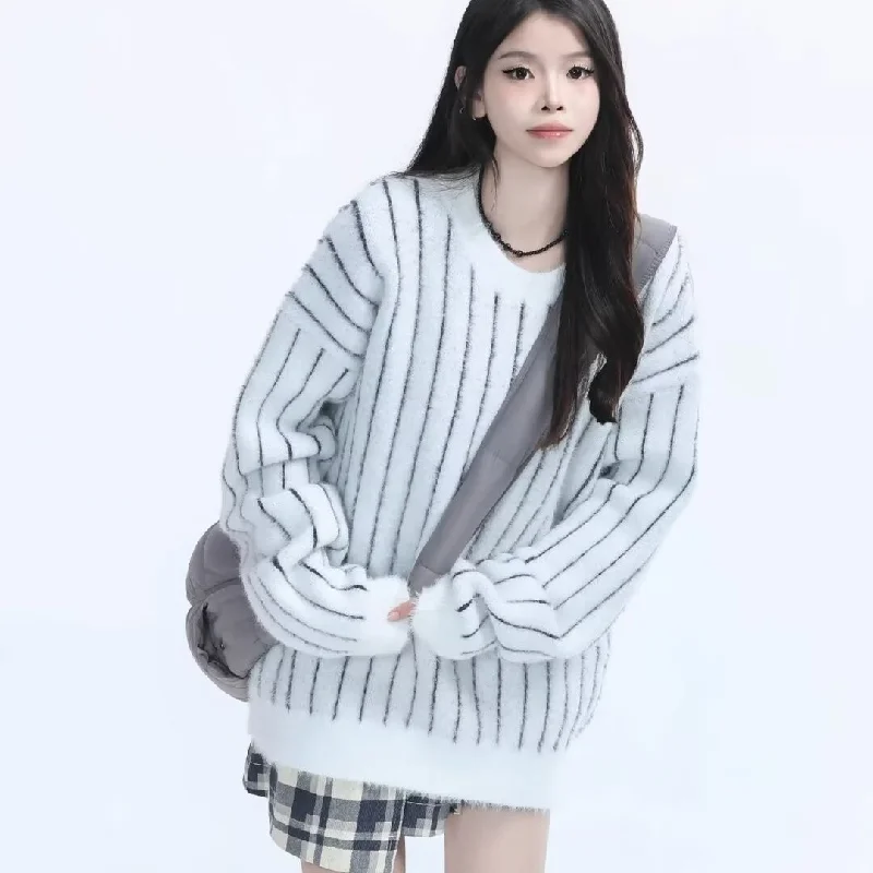 

Striped Knitted Sweaters Women Loose Couples Корейская Мода Свитер Женский Gentle Temper Pullovers O-neck Ulzzang Tender Casual