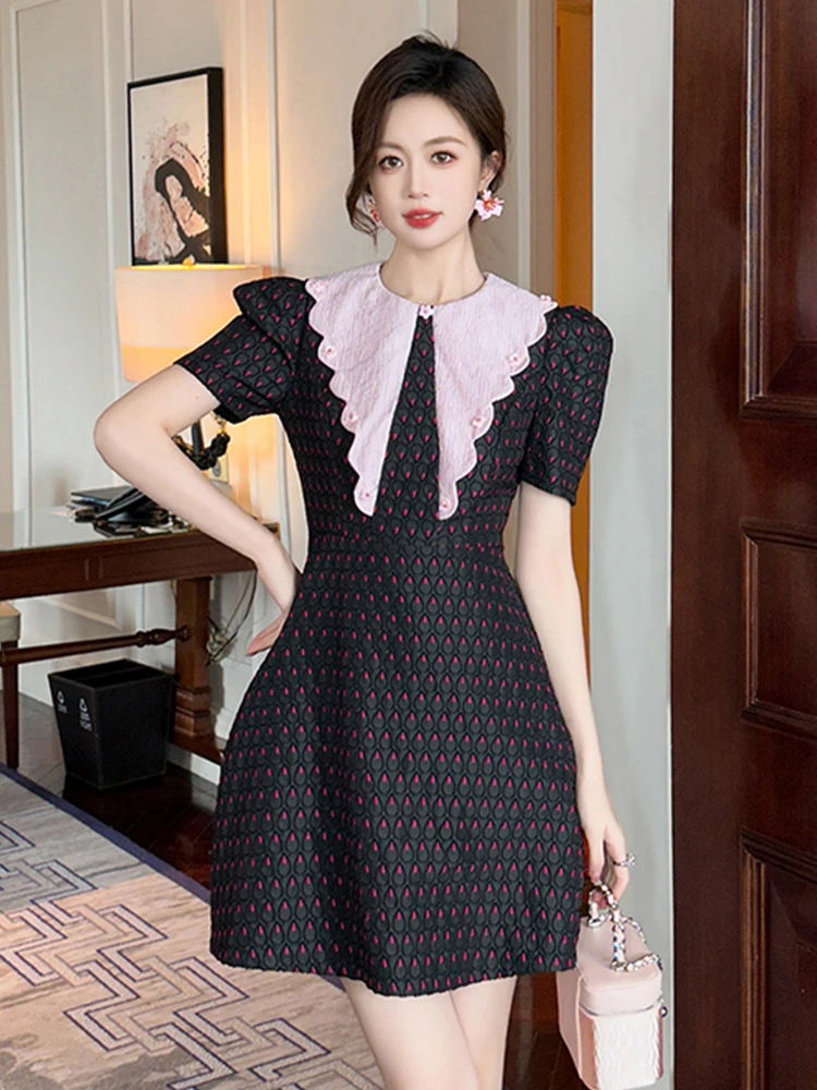 Summer Sweet Black Dot Lapel Evening Dress Women Vintage Puff Sleeve Short A-Line Party Birthday Vestidos Street Clothes Casual