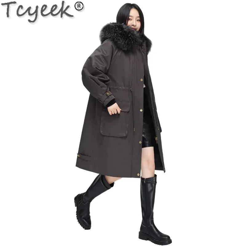 Cappotto Tcyeek da donna nuovo 2024 inverno caldo staccabile Rex Rabbit Liner Jacket abbigliamento donna collo di pelliccia di procione Parka allentato