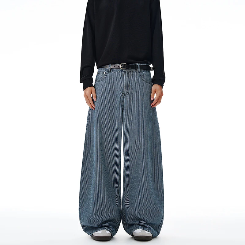 Autumn American Retro College Style Men's Striped Jeans Fashionable Loose Scimitar Wide-leg Pants Neutral Couple Baggy Trousers