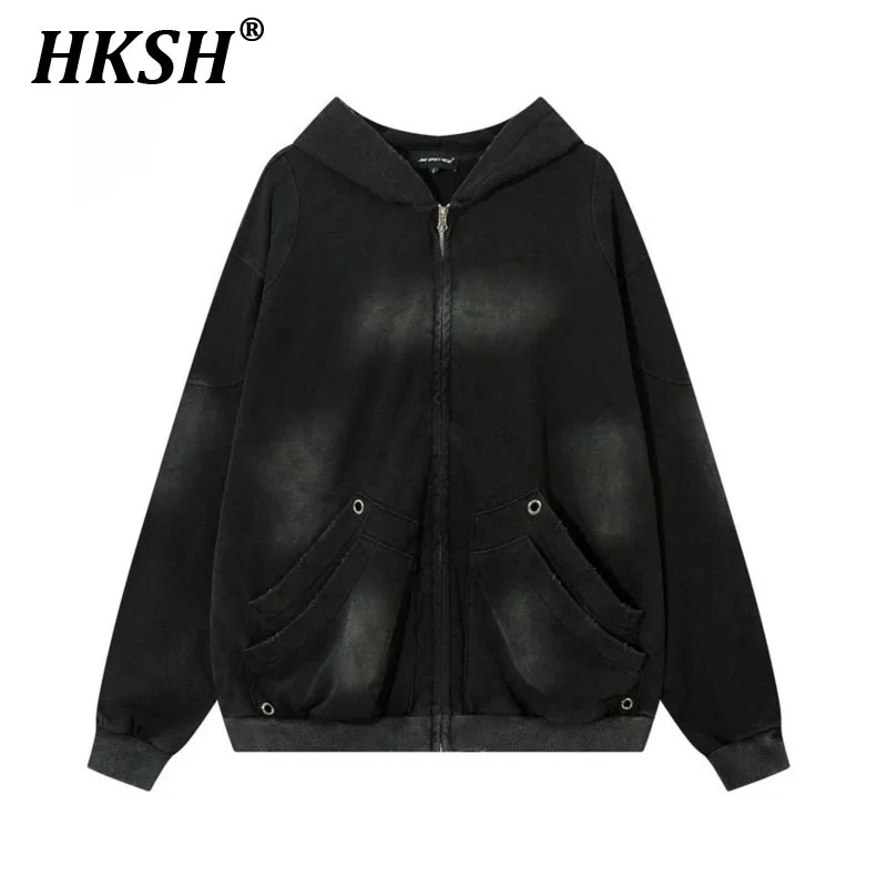 HKSH Spring Autumn Men Vintage Zipper Hoodie Jacket Y2K Retro Hooded Sweatshirt Coat Streetwear Harajuku Hoodies Dark Top HK3776