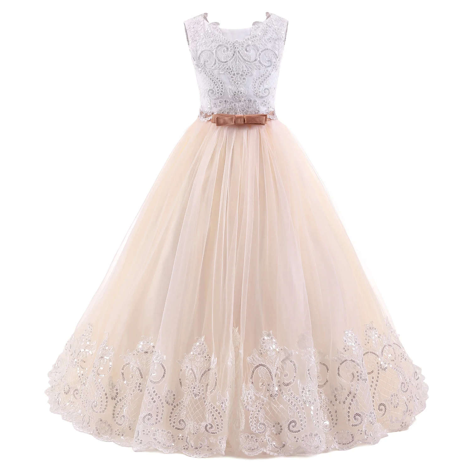 Tule Puffy Lace Appliques Vestidos com Laço e Cinto para Meninas, Vestidos Princesa Sem Mangas, Flor De Champanhe, Casamento, Aniversário, Banquete