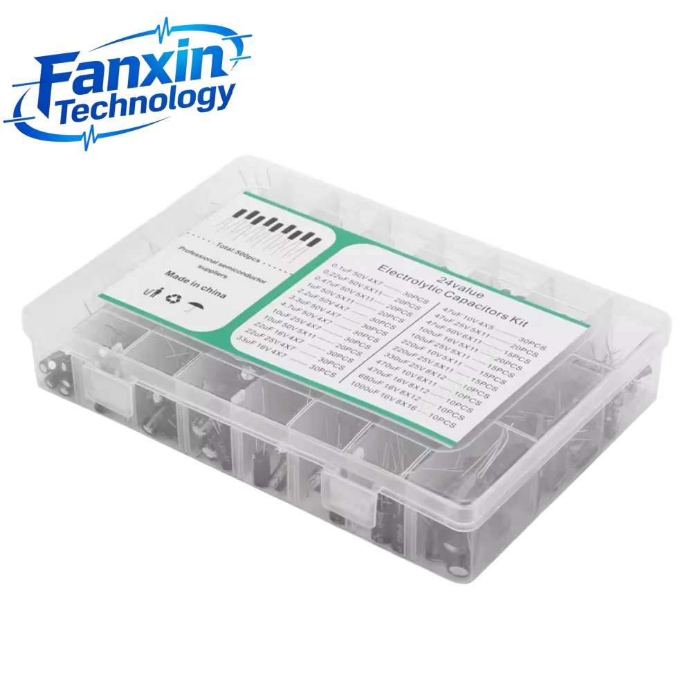 500PCS,Electrolytic Capacitor Mixed DIP Electrolyte Capacitors 50v 25V 16V 10V Electronic Kit 0.1uF-1000uf 24Values elektronika