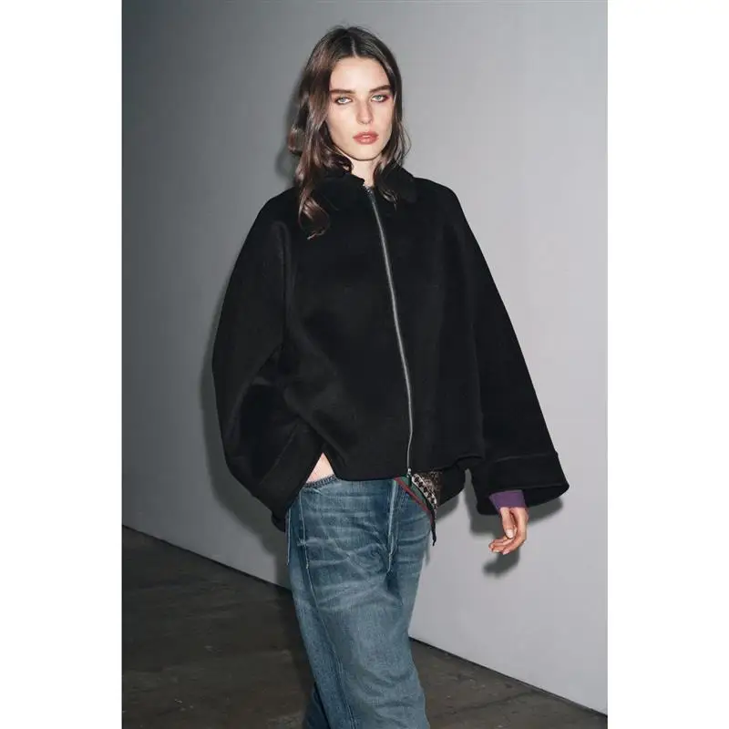 

Asymmetric Closure Long Sve Metal Zipper Jaet Coat Women's Loose Fit Neutral Sle Autumn Collection Faion Outerwear