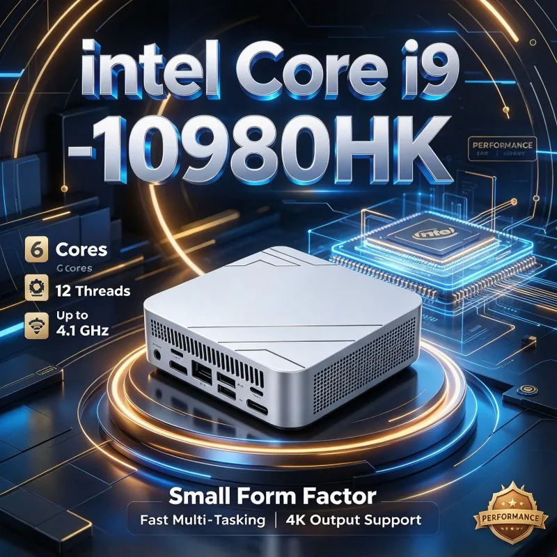 Portable Compact Silver Mini Desktop PC Intel Core I9‑10980HK 16GB 2TB SSD WiFi6 Windows 11 Mini PC for Home Office Gaming Study