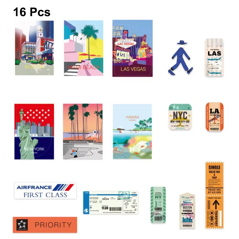Autocollants de voyage urbains, 16 pièces, paysages urbains et cartes d'embarquement variés, Pegatinas brillantes pour valise, bagages, ordinateur portable, Scrapbooking