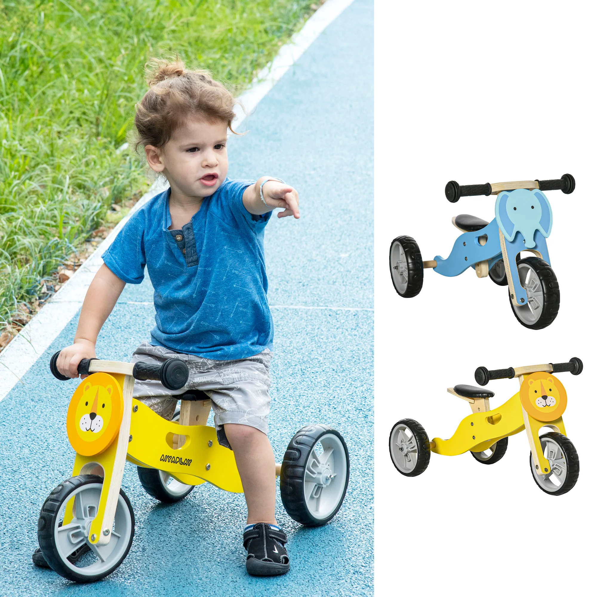 AIYAPLAY 2 in 1 bicycle without wooden pedals for children + 18 months child tricycle with adjustable saddle 22-26 cm load 20 kg lion style 60x38x38 cm