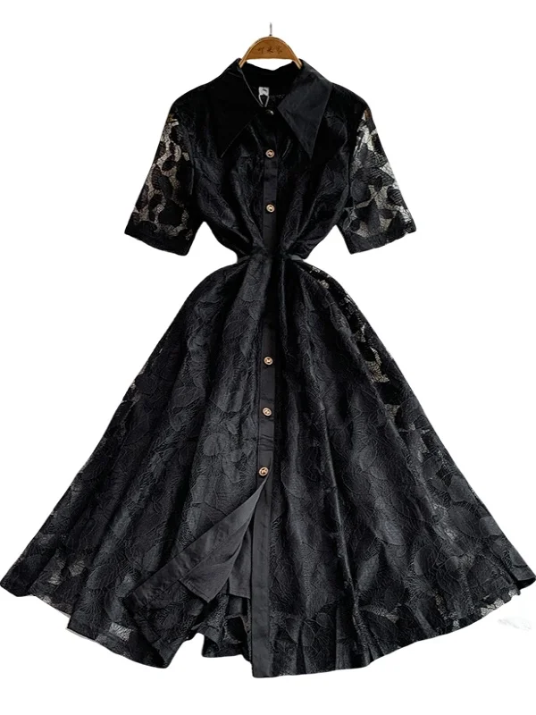 Vestido E de Renda com Cintura Alta, Estilo A-Line, Com Botão Único, Vestido Longo Slimming, Estilo Coreano, Vestido d...