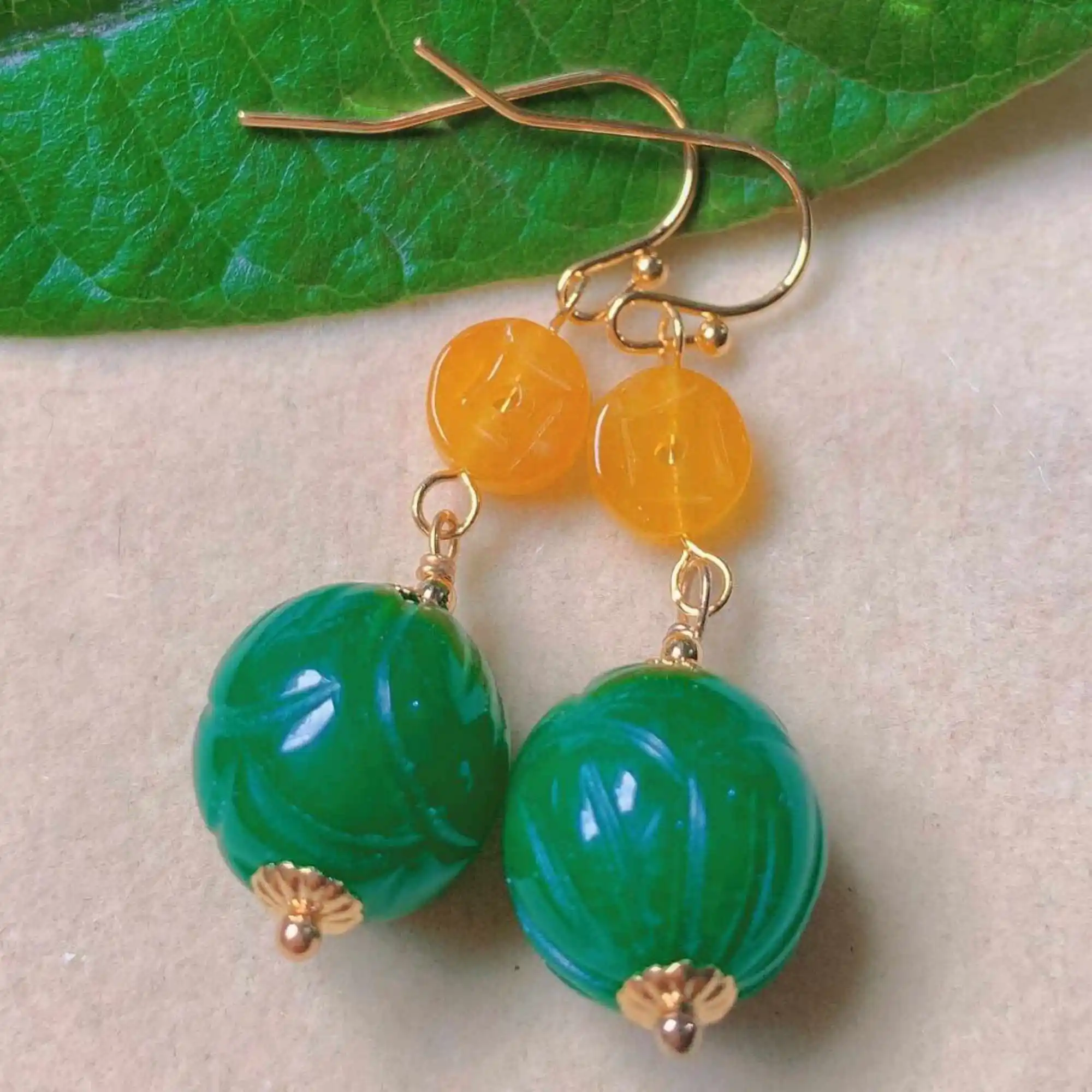 Fashion green round hetian jade yellow chalcedony gold earrings Clip-on Silver Party Eardrop Handmade Wedding