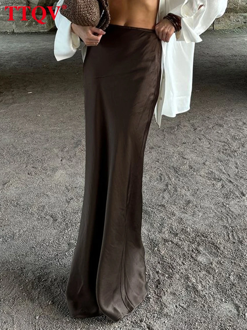 

TTQV Fashion Loose Wine Red Satin Skirt For Women 2025 Casual High Waist Midi Skirts Elegant Classic Patchwork Skirt Female