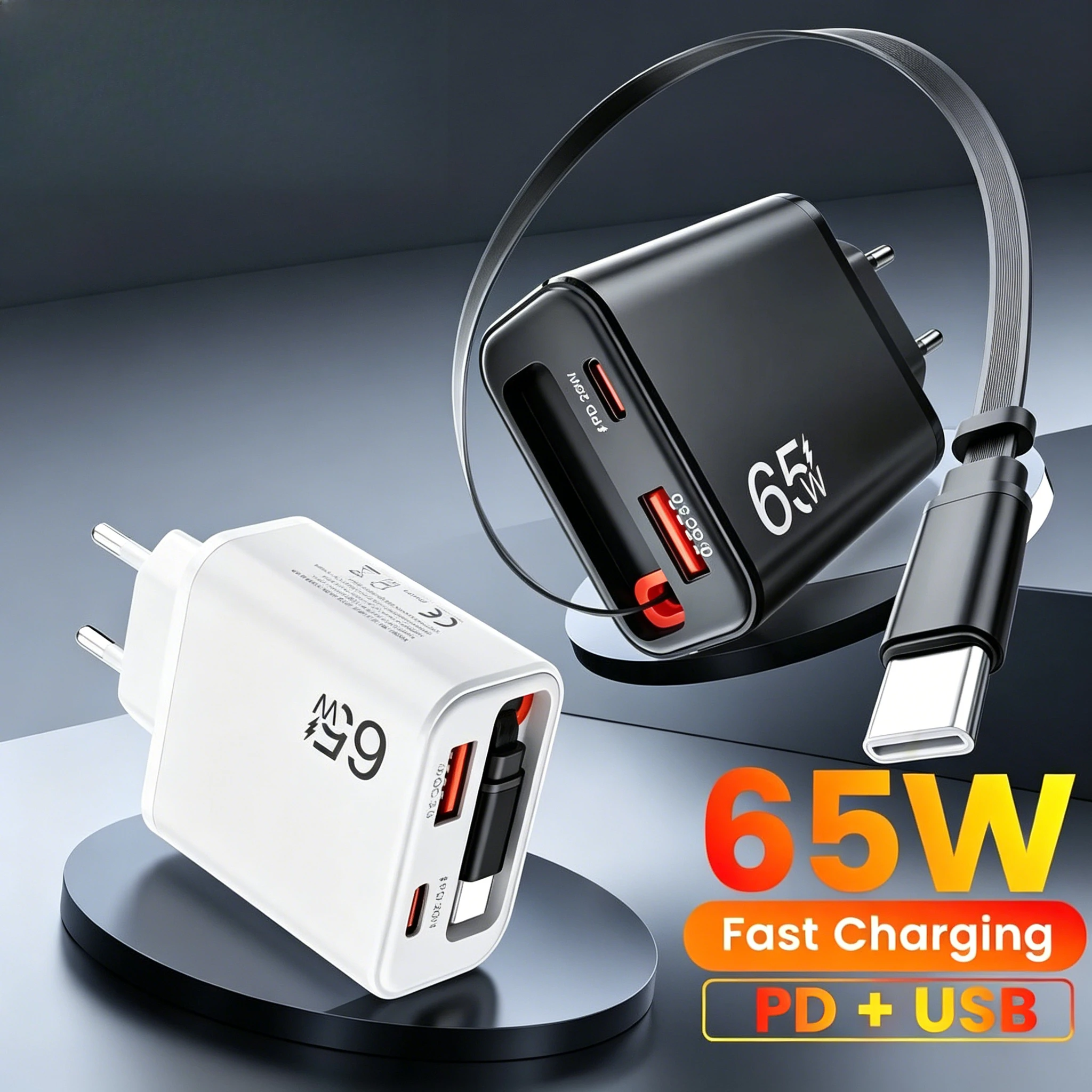 65W Multi Port USB Charger QC3.0 PD Fast Charger With Retractable Type C Cable Universal Wall Charger For iPhone Xiaomi Samsung